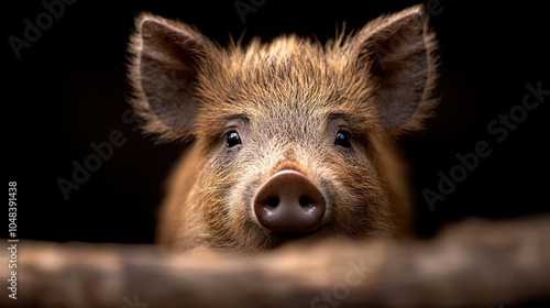 An inquisitive boar looks over a wooden ledge, showcasing its cautious curiosity for the world beyond in this vividly detailed animal portrait setting. photo