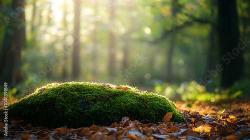 A tight shot of a moss-covered rock, positioned before a forest Sunlight filters through the leaves, casting dappled patterns Soft focus graces the foreground photo