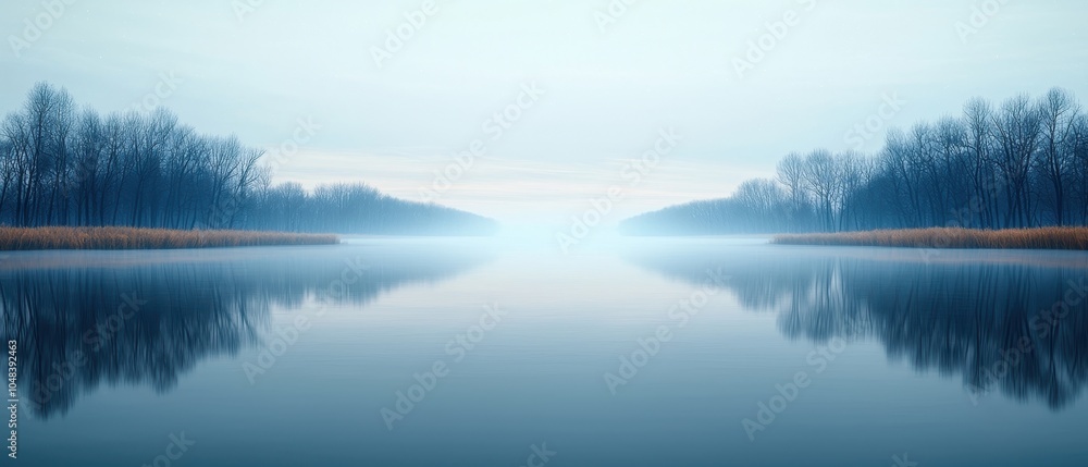 Fototapeta premium Serene River Landscape with Foggy Trees and Reflection