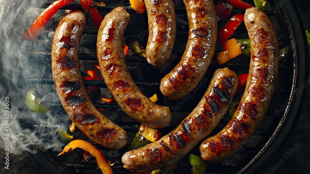 Fototapeta premium Grilled Sausages on Barbecue with Peppers