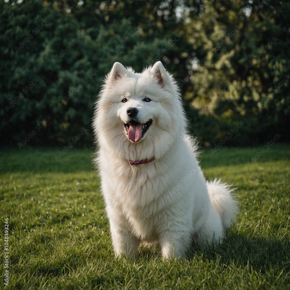 A fluffy Samoyed with its tongue out, standing on a green lawn.
A fluffy Samoyed with its tongue out, standing on a green lawn.