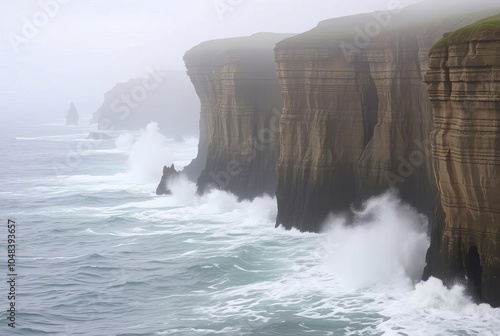 _. Spray Against Cliff Faces Waves relentlessly hit the base of photo