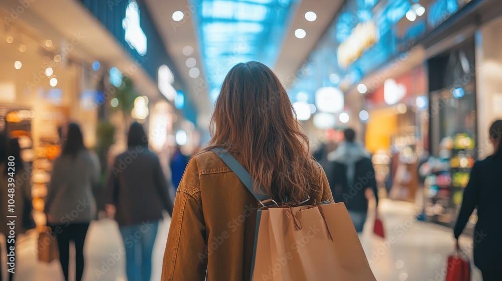 Woman Shopping in a Bustling Retail Mall with Stores and Shoppers Woman Shopping in a Bustling Retail Mall with Stores and Shoppers