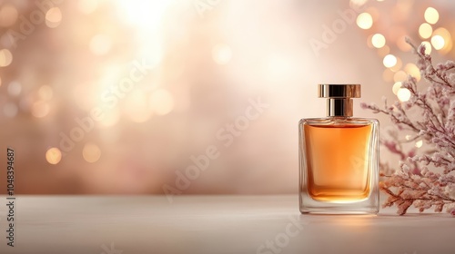 An elegant perfume bottle is displayed against a soft focus backdrop of sparkling lights, suggesting luxury, femininity, and an atmosphere of sophisticated allure.