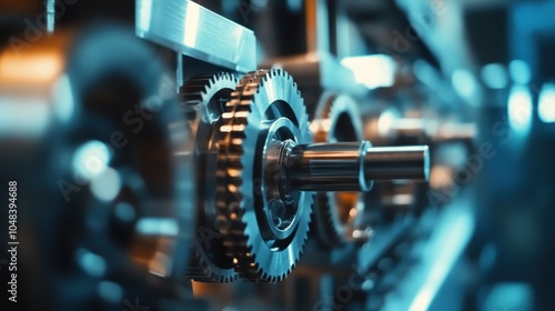 Intricate Close-Up of Industrial Machine Gears in Motion with Blue and Metallic Hues