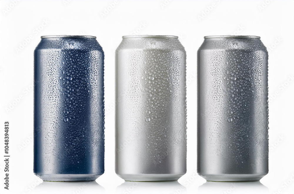 The vector image features realistic metal cans, including aluminum soda and lemonade cans, with water drops and energy drink blank mockups, surrounded by water condensation on a white background. The vector image features realistic metal cans, including aluminum soda and lemonade cans, with water drops and energy drink blank mockups, surrounded by water condensation on a white background.
