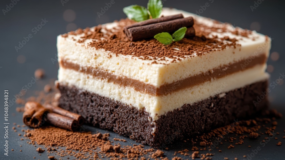 A tantalizing slice of chocolate and vanilla cake, elegantly dusted with cocoa powder and adorned with mint sprigs, set to delight anyone with a sweet tooth. A tantalizing slice of chocolate and vanilla cake, elegantly dusted with cocoa powder and adorned with mint sprigs, set to delight anyone with a sweet tooth.