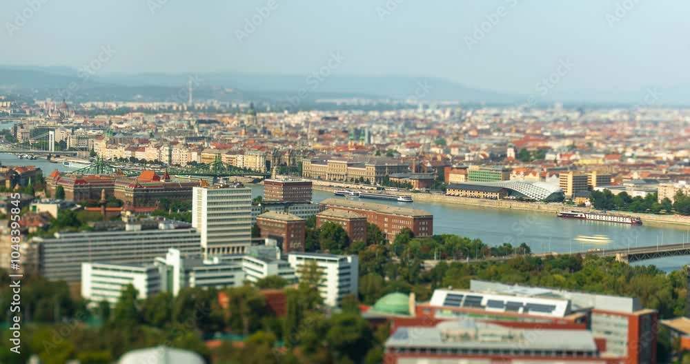 Budapest, Hungary - August 24, 2024: Panoramic View Over Budapest's Landmarks and Danube River. Timelapse, slide transition. Focus shifted to the river with tilt shifted lens. Budapest, Hungary - August 24, 2024: Panoramic View Over Budapest's Landmarks and Danube River. Timelapse, slide transition. Focus shifted to the river with tilt shifted lens.