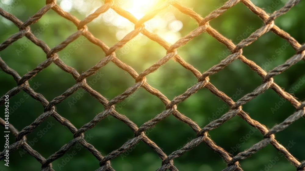 A close-up view of the woven texture of a wire mesh fence, captured in sunlight, illustrating structure and balance, set amidst a dreamy green background. A close-up view of the woven texture of a wire mesh fence, captured in sunlight, illustrating structure and balance, set amidst a dreamy green background.