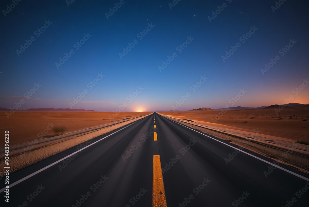 Naklejka premium Desert Road at Night A long straight road cutting through the de