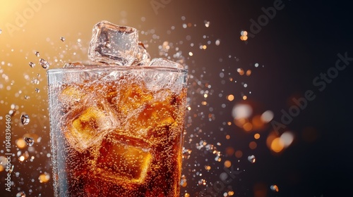 A close-up imagery of a glass of effervescent cola with vibrant splashes and ice cubes, encapsulating the refreshing essence of this classic beverage. photo