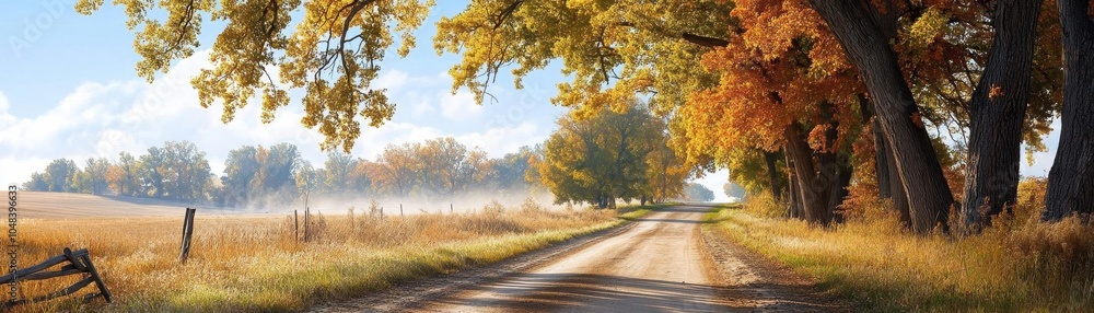 Obraz premium A winding country road lined with trees in full autumn color, under a soft golden sunset, evoking the journey home for Thanksgiving.