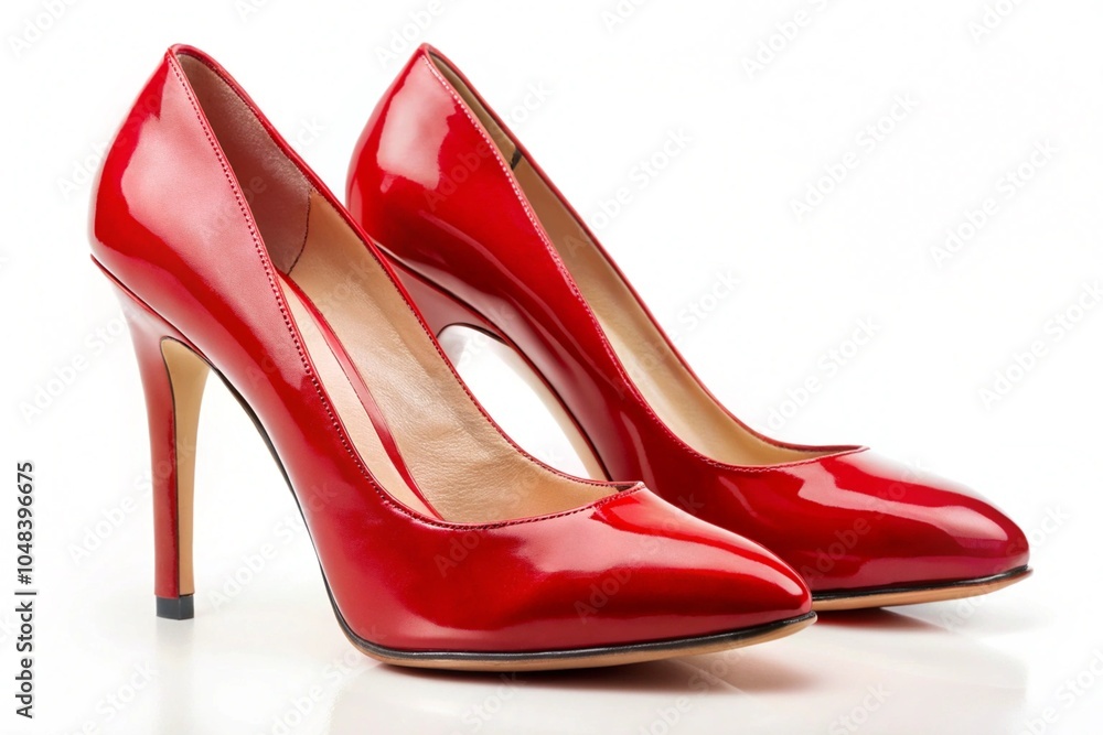 Two red high heels with a shiny finish Two red high heels with a shiny finish