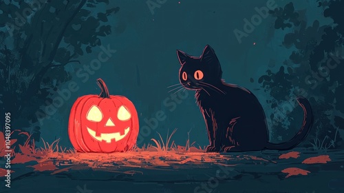 A black cat is sitting in front of a pumpkin with a smile on its face