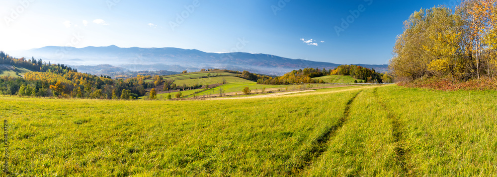 meadow with view on Giant mountains during autumn in Poland