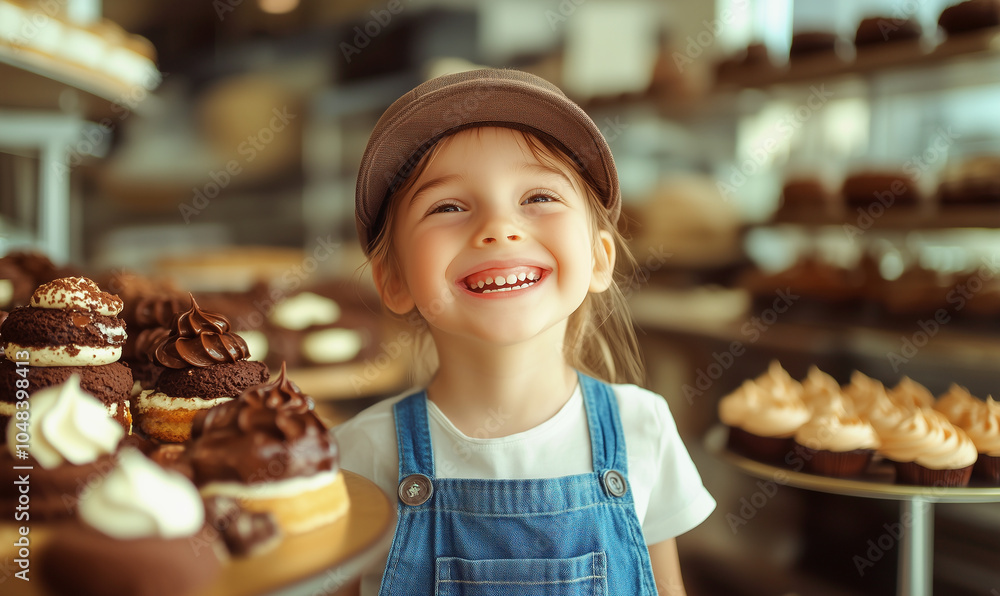 Happy kid in a chocolate cake store, world of cakes, generated by ai Happy kid in a chocolate cake store, world of cakes, generated by ai