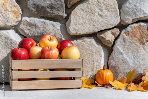 A rustic wooden crate filled with apples and pumpkins, positioned near an old stone wall with colorful autumn leaves scattered around. photo