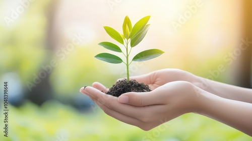 A hand gently holding a young plant, symbolizing growth and care in a natural environment.