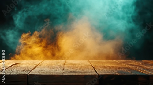 Vibrant, swirling smoke of warm and cool colors envelops an empty wooden table, hinting at creativity, transformation, and the ethereal beauty of change. photo