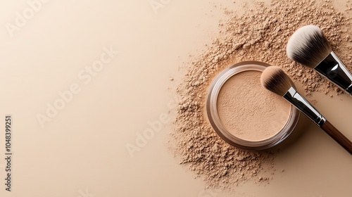 A close-up image of loose makeup powder accompanied by brushes, set against a neutral beige background, showcasing beauty and cosmetic aesthetics. photo