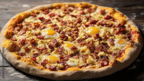 A delicious breakfast pizza with eggs.