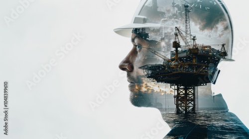 A Man in a Hardhat with an Oil Rig Superimposed Over His Face