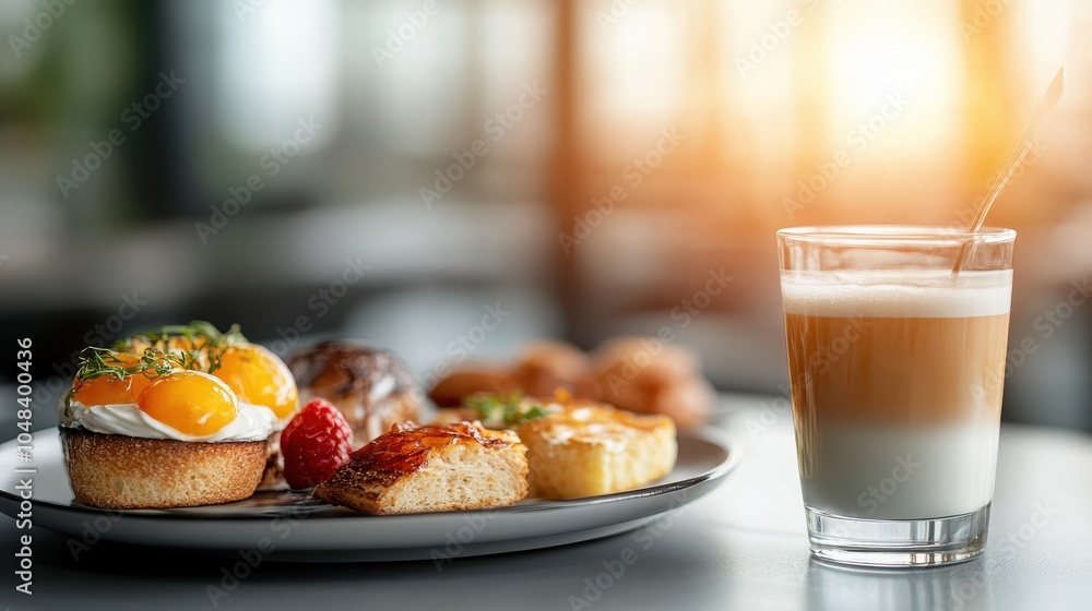 A gourmet breakfast setup with eggs over pastries, fresh fruits, and a layered latte, capturing the essence of indulgence, taste, and culinary excellence. A gourmet breakfast setup with eggs over pastries, fresh fruits, and a layered latte, capturing the essence of indulgence, taste, and culinary excellence.
