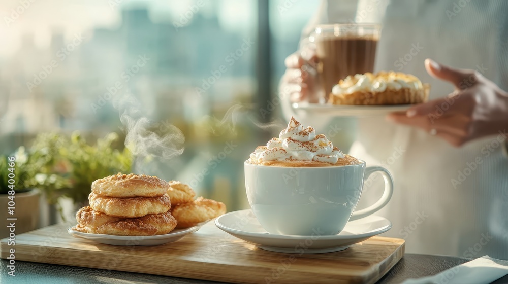 An inviting scene with steaming coffee and a selection of pastries, bathed in morning sunlight, epitomizing warmth, comfort, and start to a perfect day. An inviting scene with steaming coffee and a selection of pastries, bathed in morning sunlight, epitomizing warmth, comfort, and start to a perfect day.