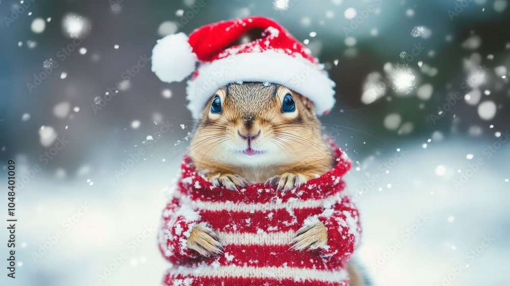 A cute squirrel wearing a Santa hat and sweater in the snow. A cute squirrel wearing a Santa hat and sweater in the snow.