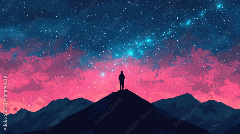 Silhouette of a Man Standing on a Mountain Peak under a Starry Sky Silhouette of a Man Standing on a Mountain Peak under a Starry Sky