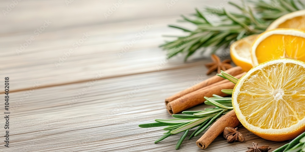 Holiday spices scattered on a wooden table with sprigs of rosemary and dried citrus slices, detailed close-up. Holiday spices scattered on a wooden table with sprigs of rosemary and dried citrus slices, detailed close-up.