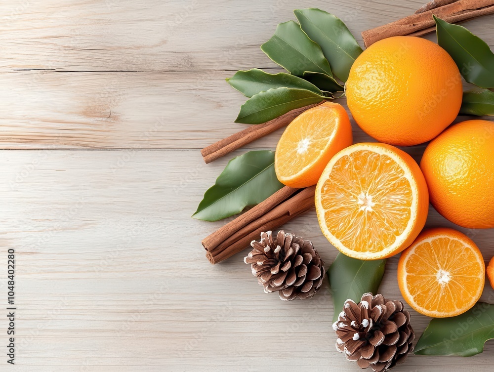 Arranged on a rustic table are holiday citrus fruits with pinecones and cinnamon sticks, softly glowing in the top-down view of the room. Arranged on a rustic table are holiday citrus fruits with pinecones and cinnamon sticks, softly glowing in the top-down view of the room.