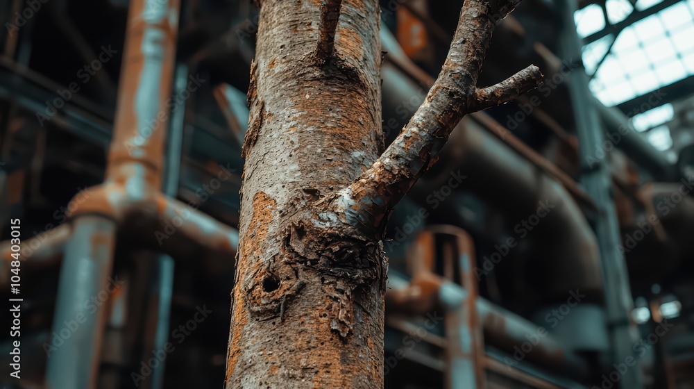 Close-up of a textured tree trunk in an industrial setting, highlighting nature's resilience amidst machinery. Close-up of a textured tree trunk in an industrial setting, highlighting nature's resilience amidst machinery.