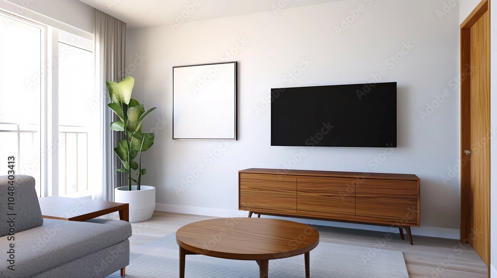 Fototapeta premium A modern, minimalist living room featuring a cozy sofa, wooden media console, large TV, and a decorative plant.