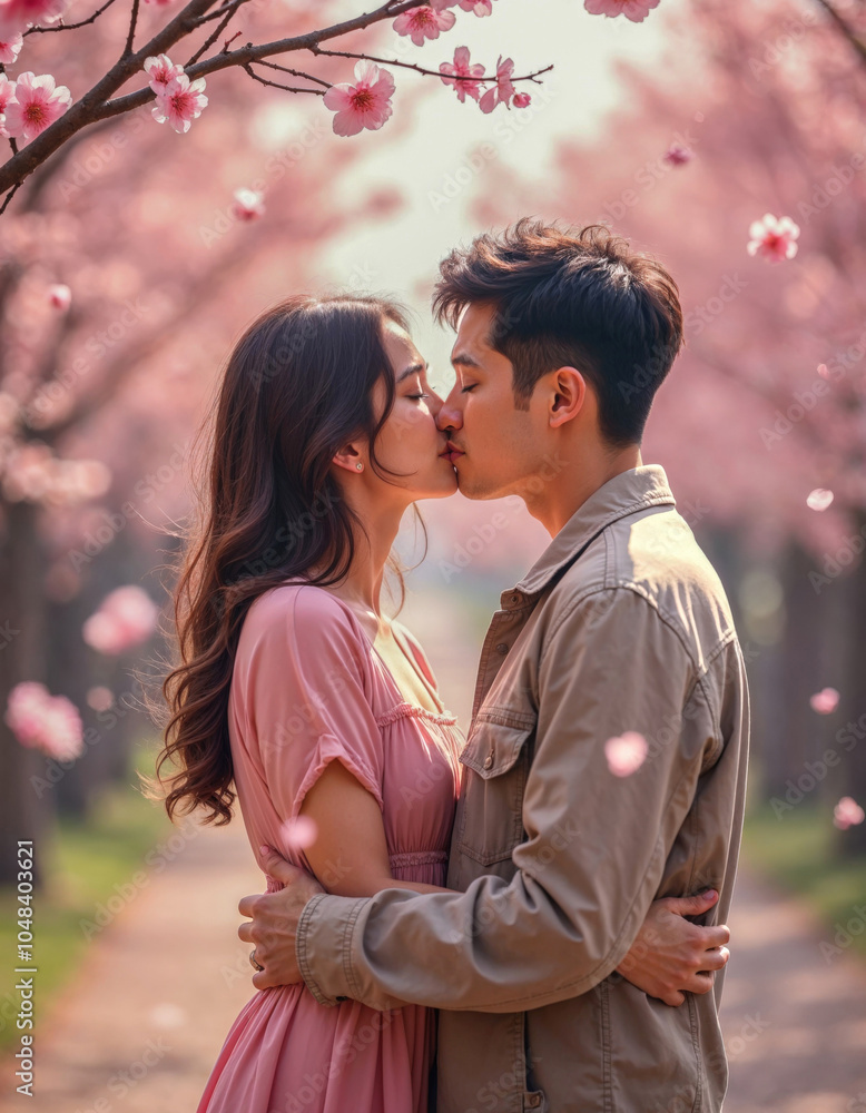 Romantic Kiss Under Cherry Blossoms in Spring