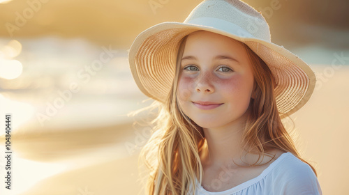 Portrait of a joyful Australian female child at the beach during sunset