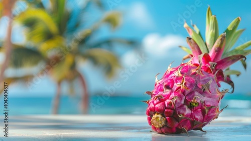 Wallpaper Mural Pink Dragon Fruit on a Table with a Palm Tree in the Background Torontodigital.ca