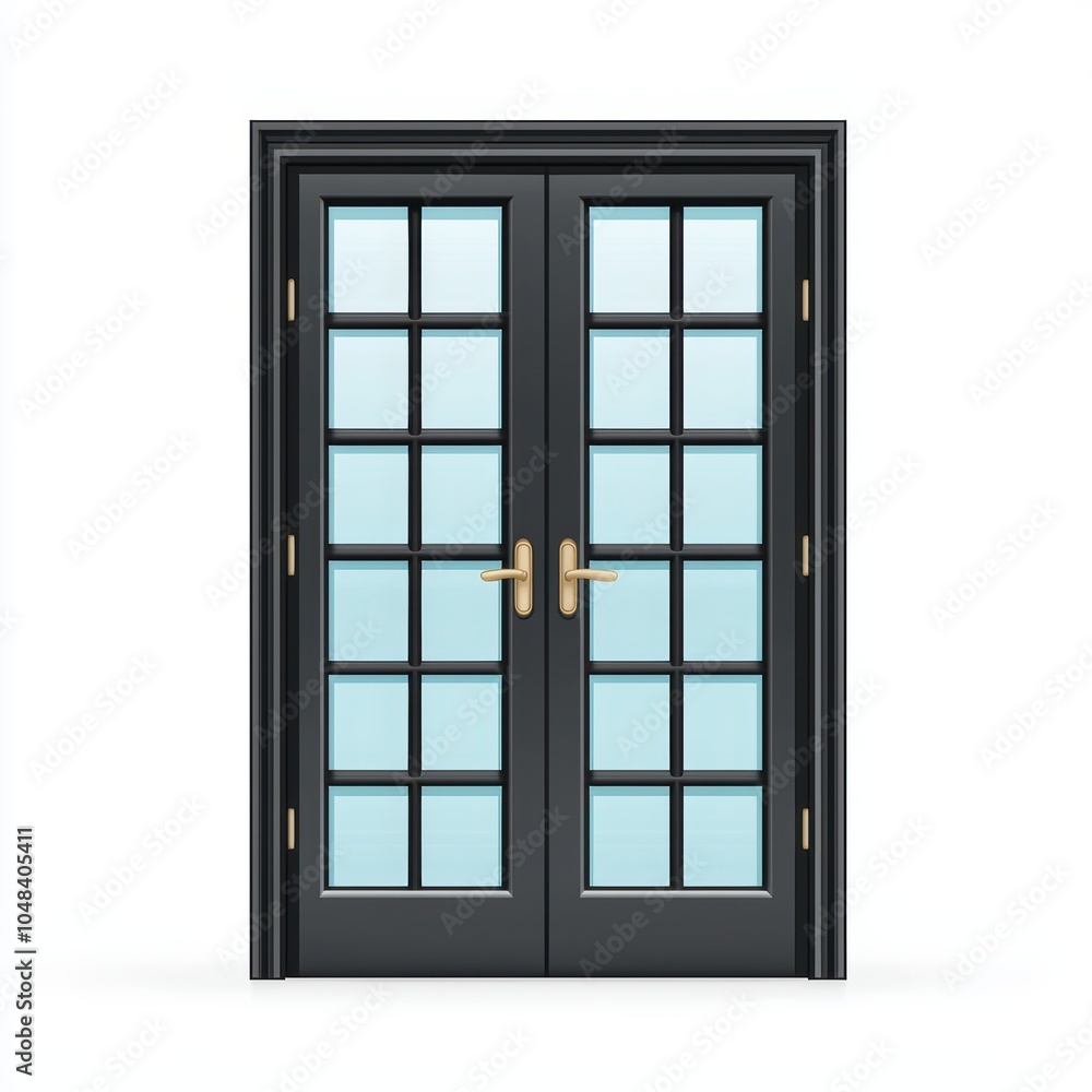 Elegant black double doors with glass panels, on white isolate background. Elegant black double doors with glass panels, on white isolate background.