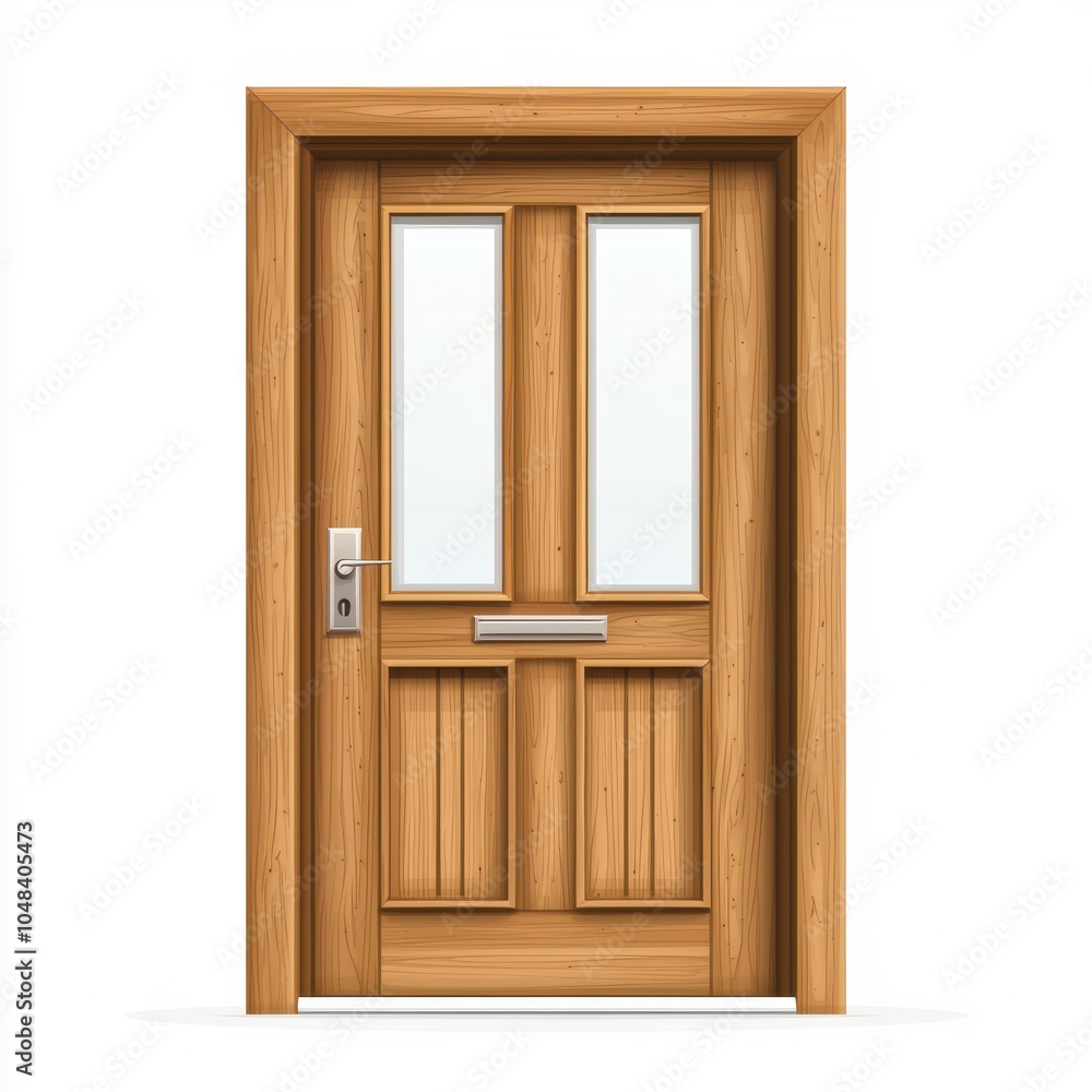 Elegant wooden door with glass panels, perfect for home entrance, isolated on white background. Elegant wooden door with glass panels, perfect for home entrance, isolated on white background.