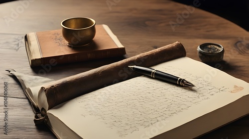 a book with a pen and a letter on a table