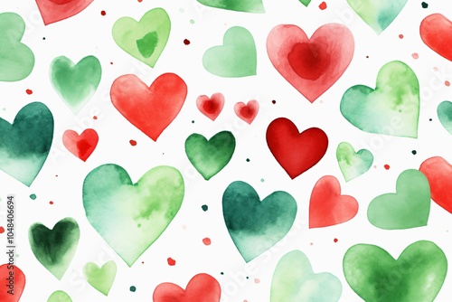 Watercolor red and green hearts pattern background