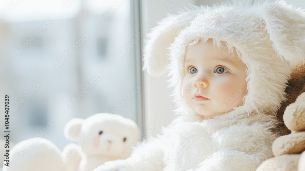 Baby in fluffy bunny costume surrounded by plush toys. Concept: Easter, cuteness, innocence. Baby in fluffy bunny costume surrounded by plush toys. Concept: Easter, cuteness, innocence.