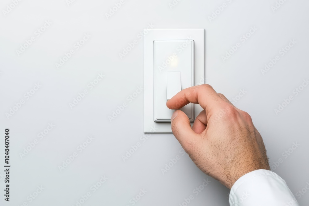 Hand turning on a modern light switch with a soft glow, minimalistic white background. Hand turning on a modern light switch with a soft glow, minimalistic white background.