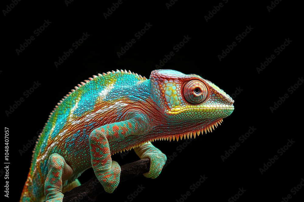 Fototapeta premium Colorful chameleon perched on branch, showcasing vibrant scales and intricate patterns against black background. This stunning reptile captures attention with its unique appearance and vivid colors