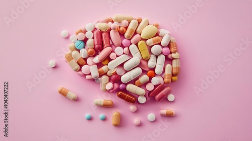 A brain shape formed by assorted pills and capsules on a pink background.