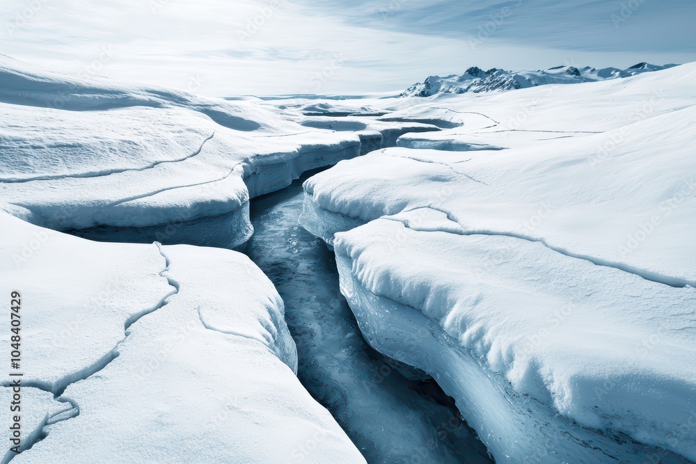 Obraz premium Ice formations and river flowing through snow-covered landscape, serene winter scene with blue tones.