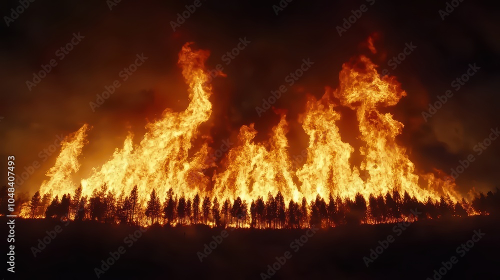 Intense wildfire engulfing forest, flames rising dramatically against dark background. Intense wildfire engulfing forest, flames rising dramatically against dark background.