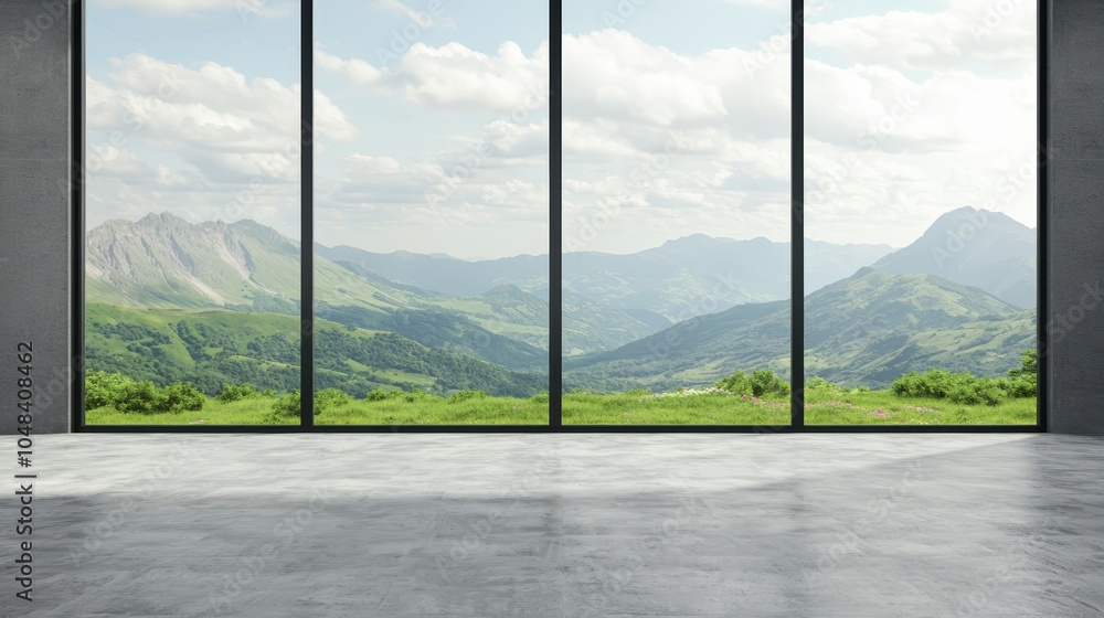 Naklejka premium Breathtaking mountain view through large glass windows in a modern interior space surrounded by nature's beauty