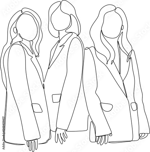 Line drawing of business lady. Single line drawing of group of standing businessmen and women, continuous line drawing of people working together in office.