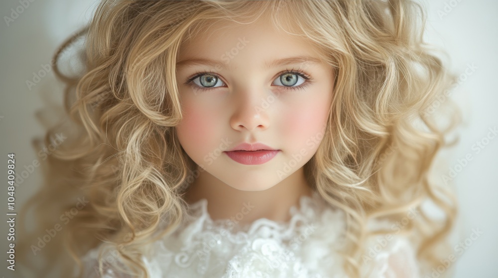 A young girl exudes charm with her long, curly blonde hair and captivating blue eyes. She wears a lovely dress and strikes a gentle pose, adding to her enchanting presence A young girl exudes charm with her long, curly blonde hair and captivating blue eyes. She wears a lovely dress and strikes a gentle pose, adding to her enchanting presence
